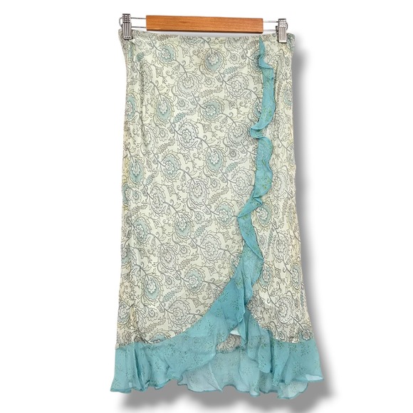 Express Size XS Floral Print Silk Cottage Y2k Ruffle Trim Midi Skirt Womens - Picture 1 of 10
